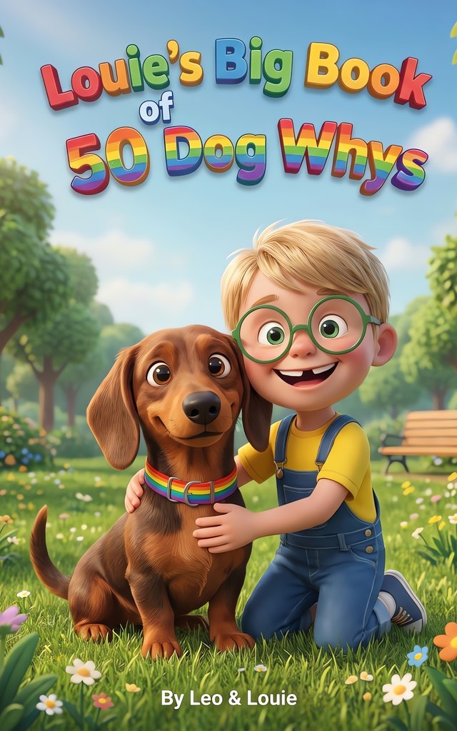 Cover of Louie's Big Book of 50 Dog Whys, a dachshund and a boy in a park